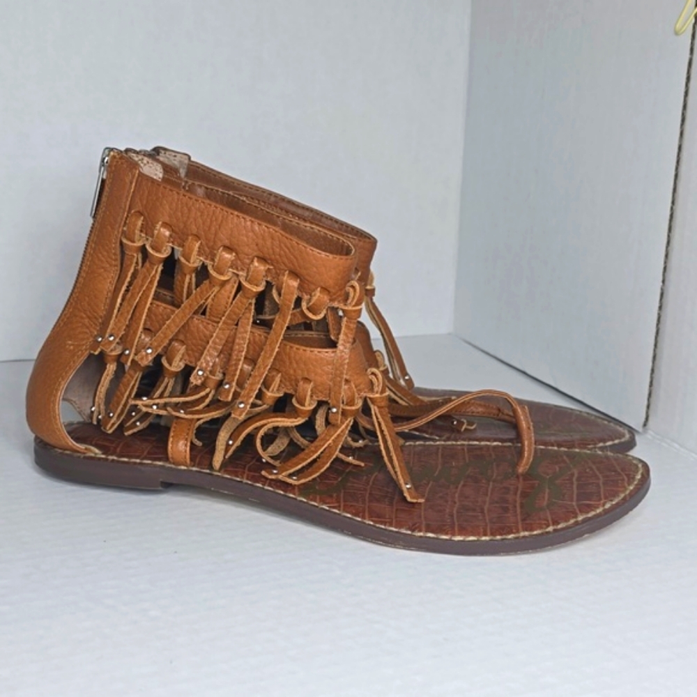 Womens Brown Sam Edelman Griffen Fringe Gladiator Flat Zipper Sandals Size 10M